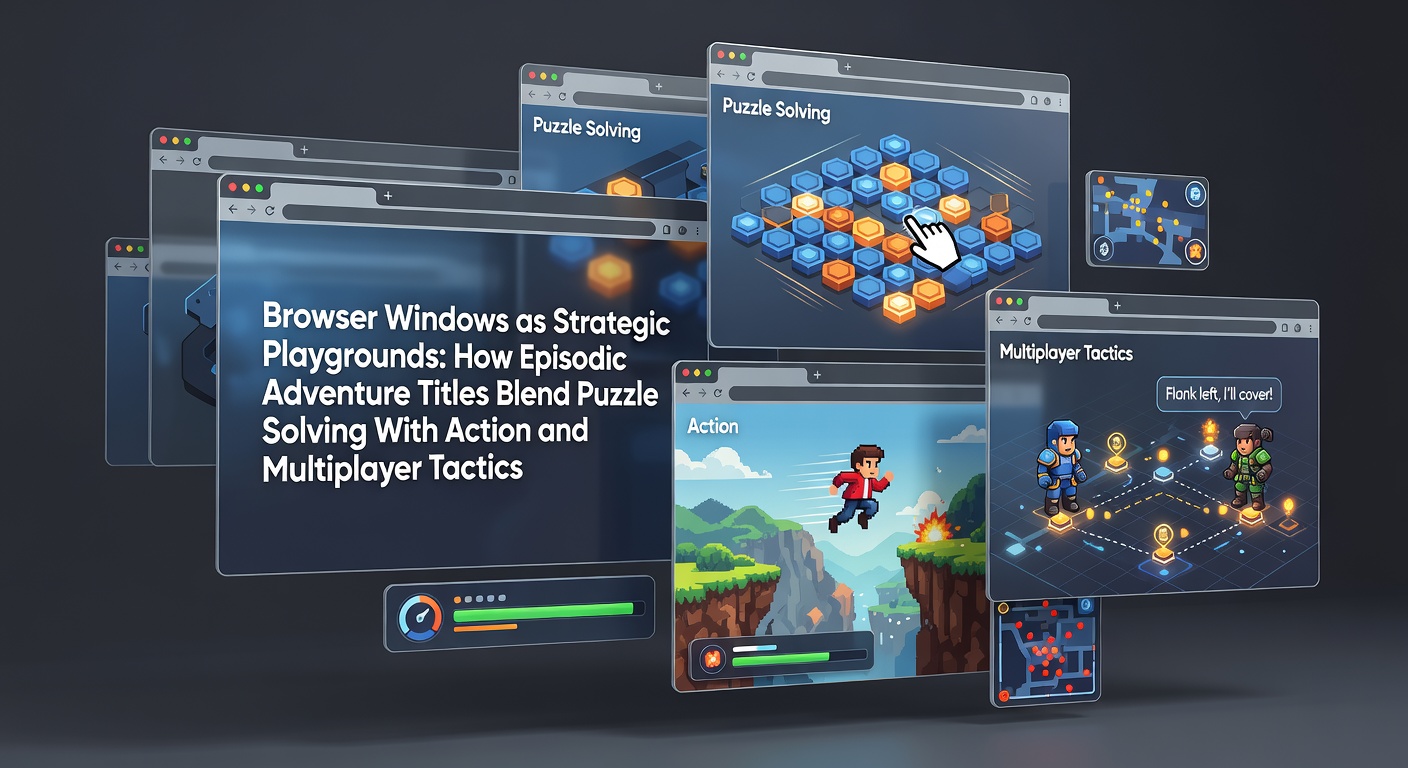 Illustration of browser windows displaying interconnected puzzle and action sequences in episodic adventure games