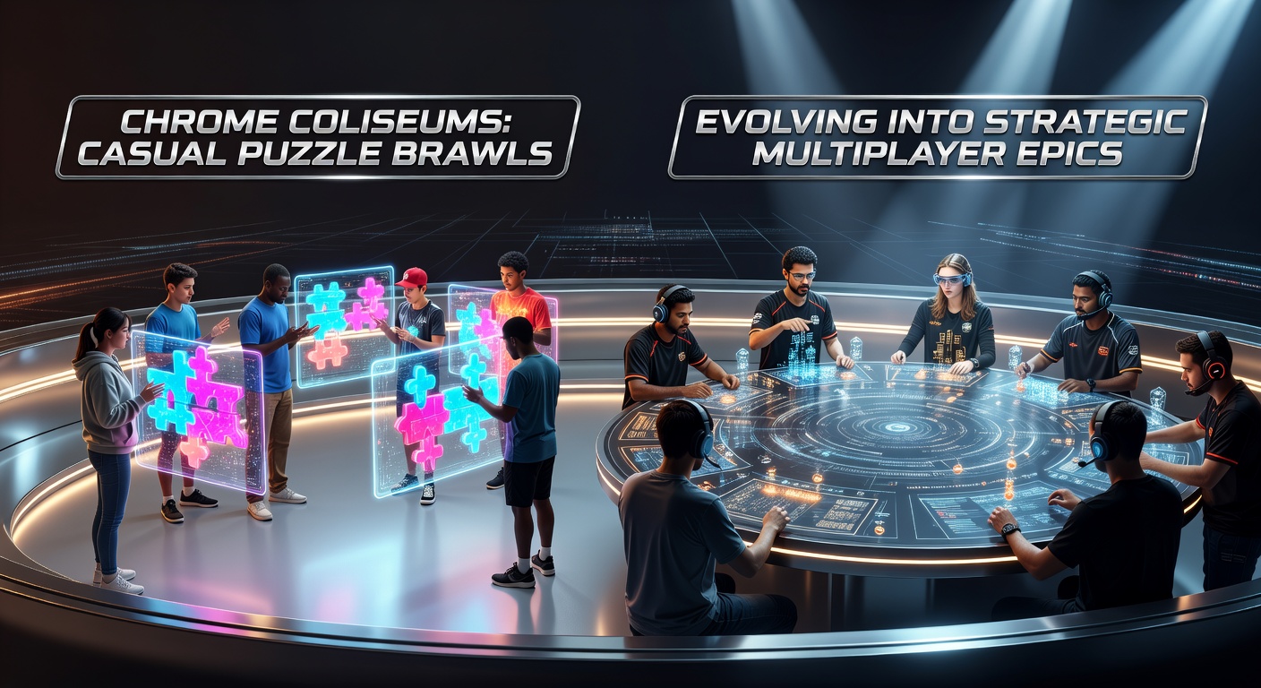 Vibrant screenshot of players clashing in a neon-lit Chrome Coliseum arena, puzzles exploding into strategic chaos
