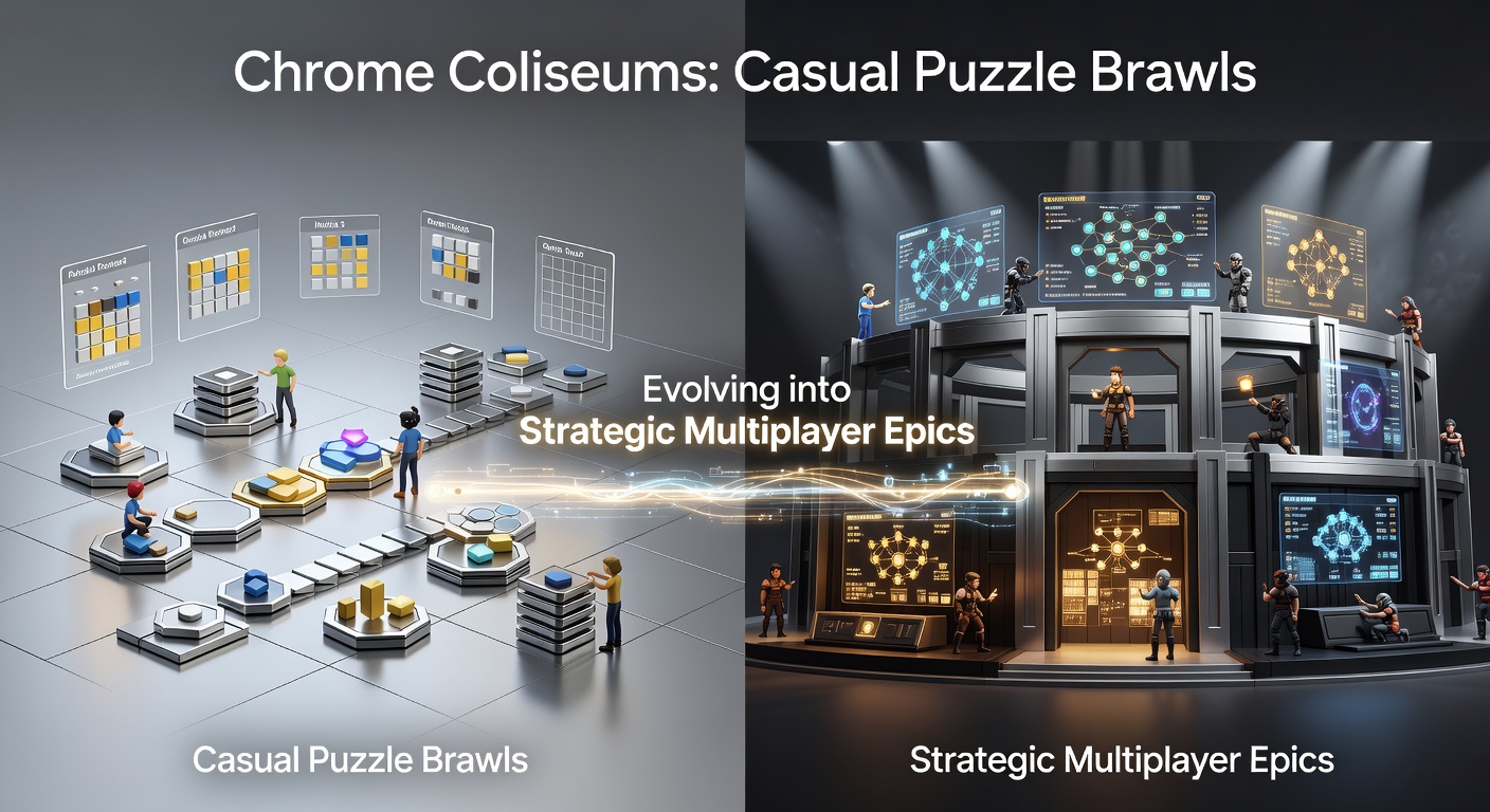 Intense close-up of a strategic Chrome Coliseum showdown, with glowing puzzle boards and player avatars locked in epic tactical duel