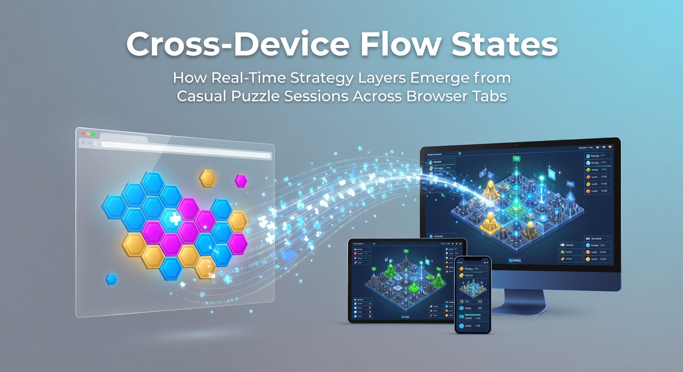 Visualization of browser tabs showing puzzle games transitioning into layered strategy elements across multiple devices