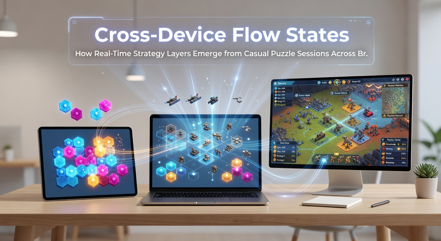 Multiple browser tabs and connected devices illustrating flow state transitions from casual puzzles to strategic layers