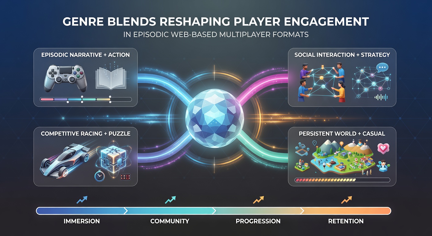 Diverse group of players discussing strategies in an episodic web multiplayer game featuring blended puzzle and action elements