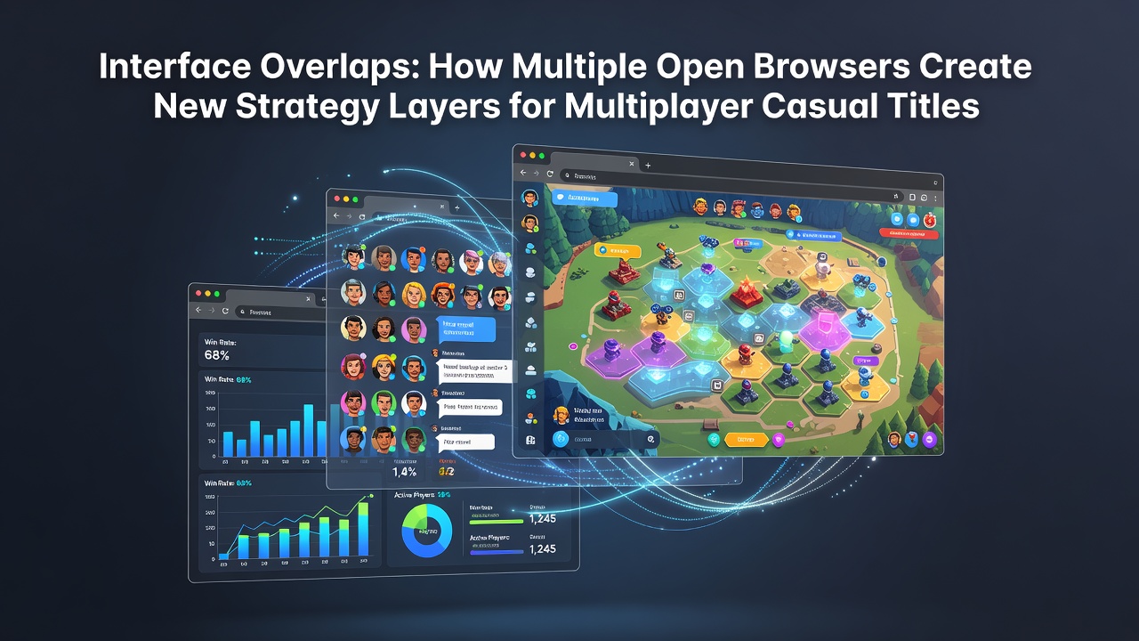 Multiple browser windows displaying overlapping interfaces in a casual multiplayer puzzle game environment