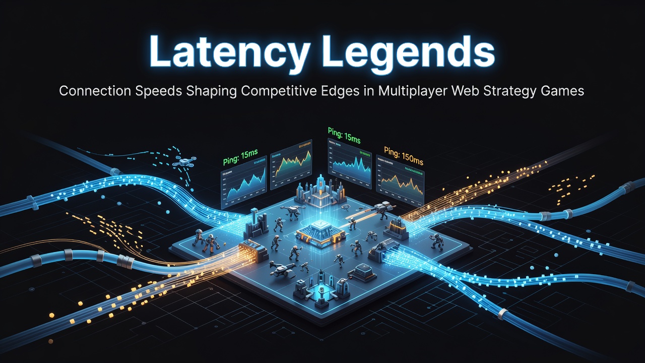 Illustration of network latency effects in browser-based multiplayer strategy games showing ping indicators and player positions
