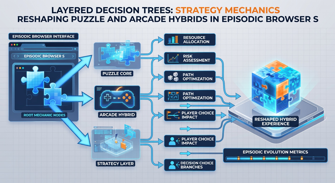 Screenshot example of an episodic browser game interface showing decision tree progression in a puzzle arcade hybrid
