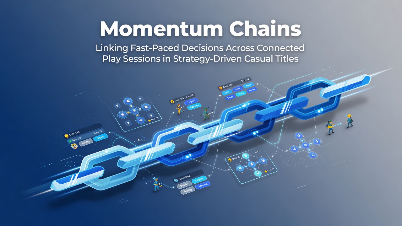 Visual representation of momentum chains connecting decision points across multiple casual strategy game sessions in browser environments