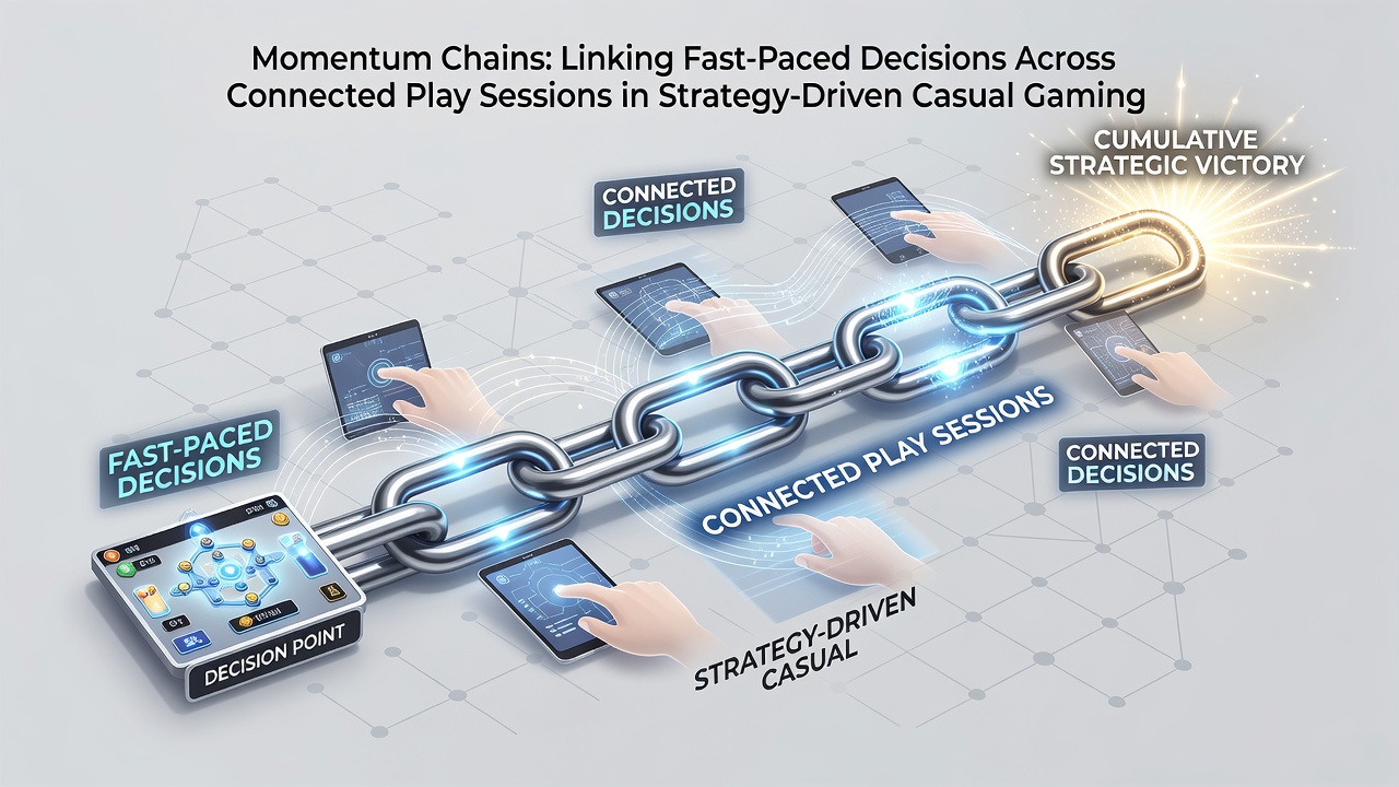 Diagram illustrating how fast decisions in one play session create branching momentum effects for future connected sessions in strategy casual games