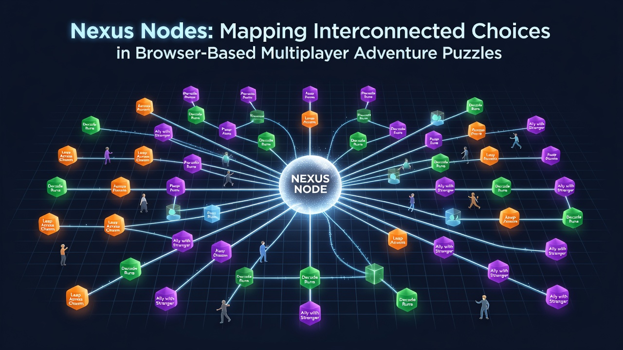 Diagram showing interconnected choice nodes in a browser-based multiplayer puzzle interface with branching paths and player avatars