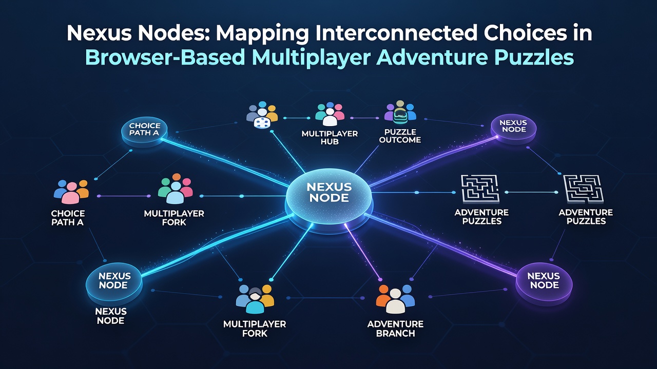 Screenshot of a live browser puzzle session displaying nexus node connections between four players with highlighted decision paths