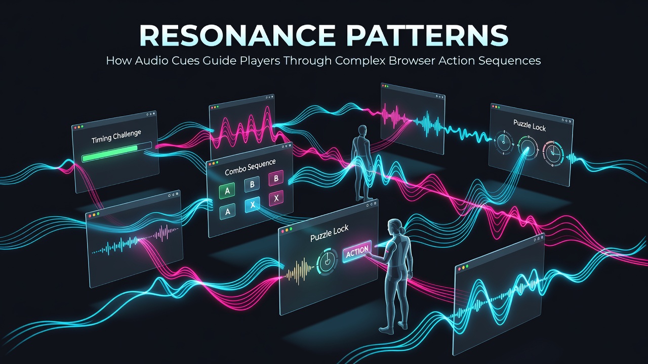 Browser game interface showing audio waveform overlays during an action sequence