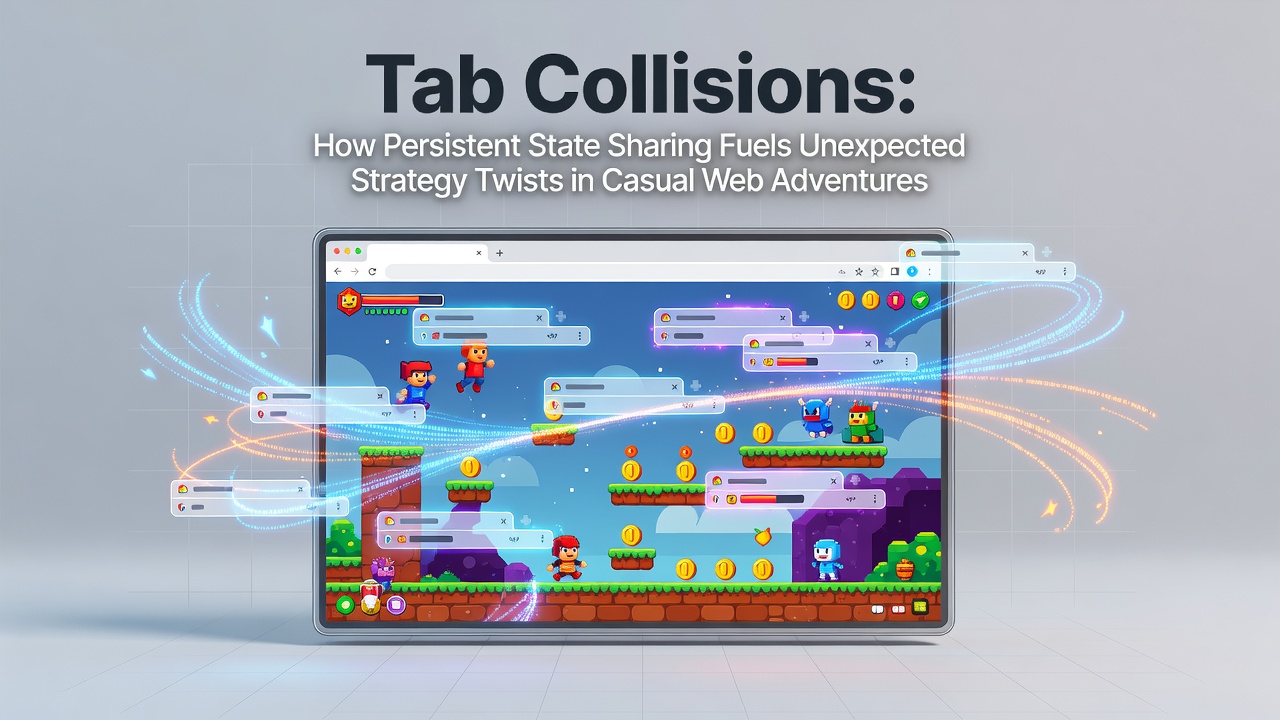 Browser tabs displaying interconnected casual game interfaces with shared state indicators