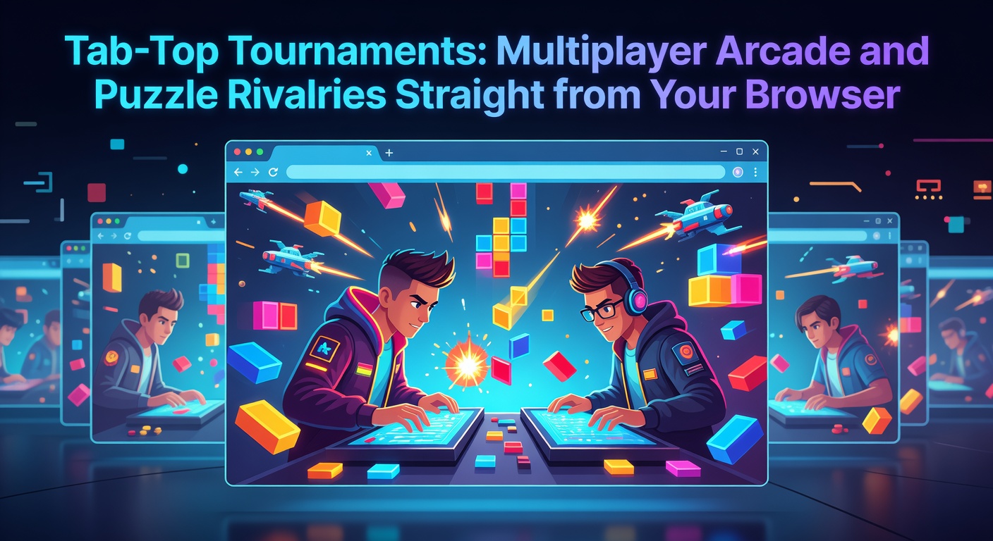 Players competing in a high-stakes Tab-Top tournament match, screens filled with colorful arcade action and puzzle grids battling in real-time
