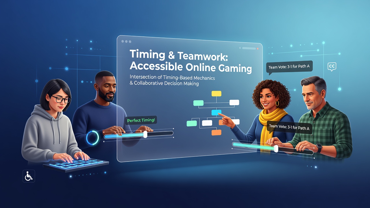 Players coordinating timed actions in an accessible online game interface with visual cues and team chat overlays
