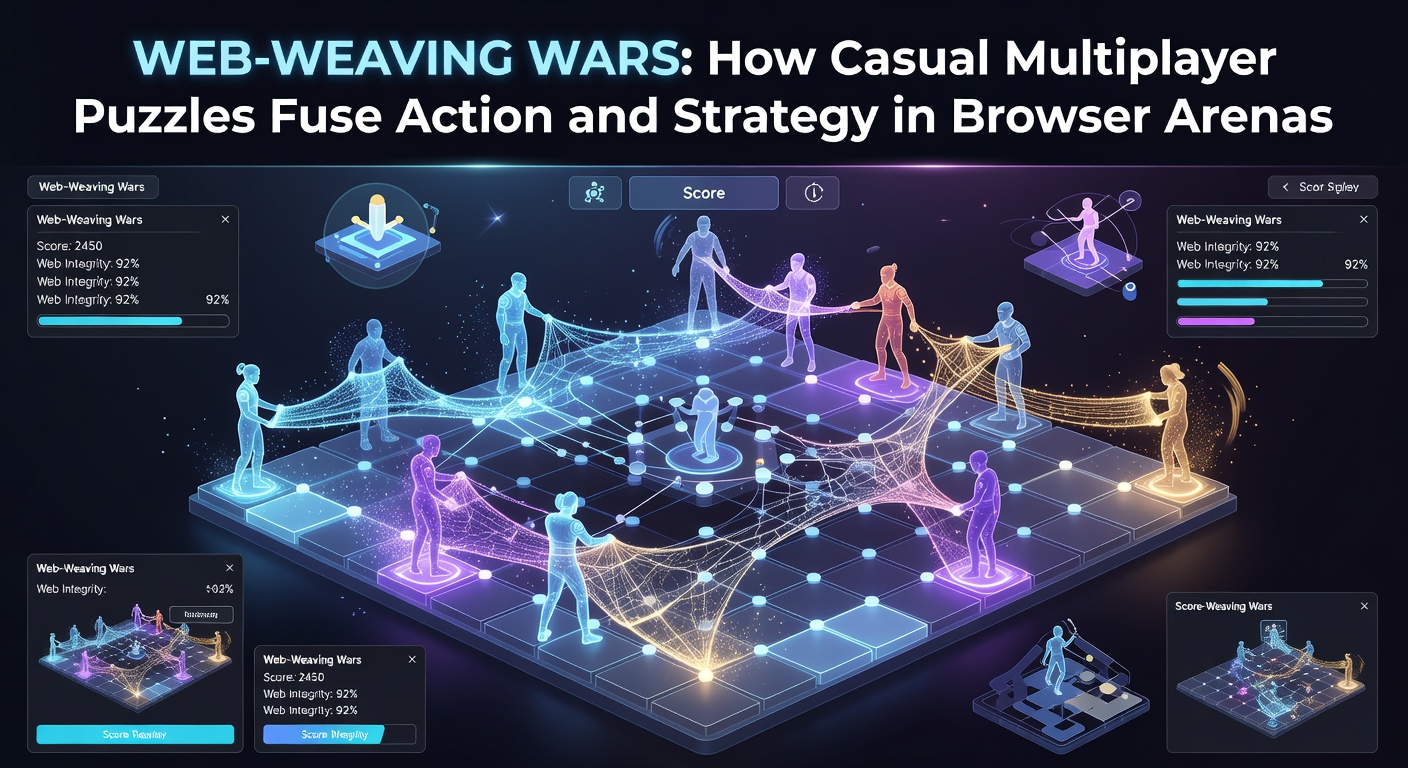 Close-up of a strategic web puzzle being solved during a heated multiplayer showdown, with threads glowing and arenas shifting