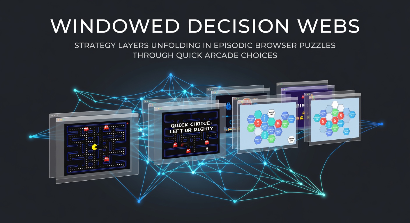 Browser interface showing layered decision windows in an episodic puzzle game with arcade elements