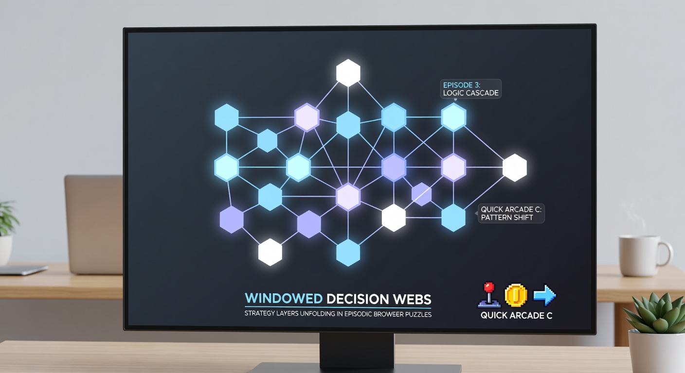 Multiple browser windows displaying interconnected puzzle elements and arcade action sequences